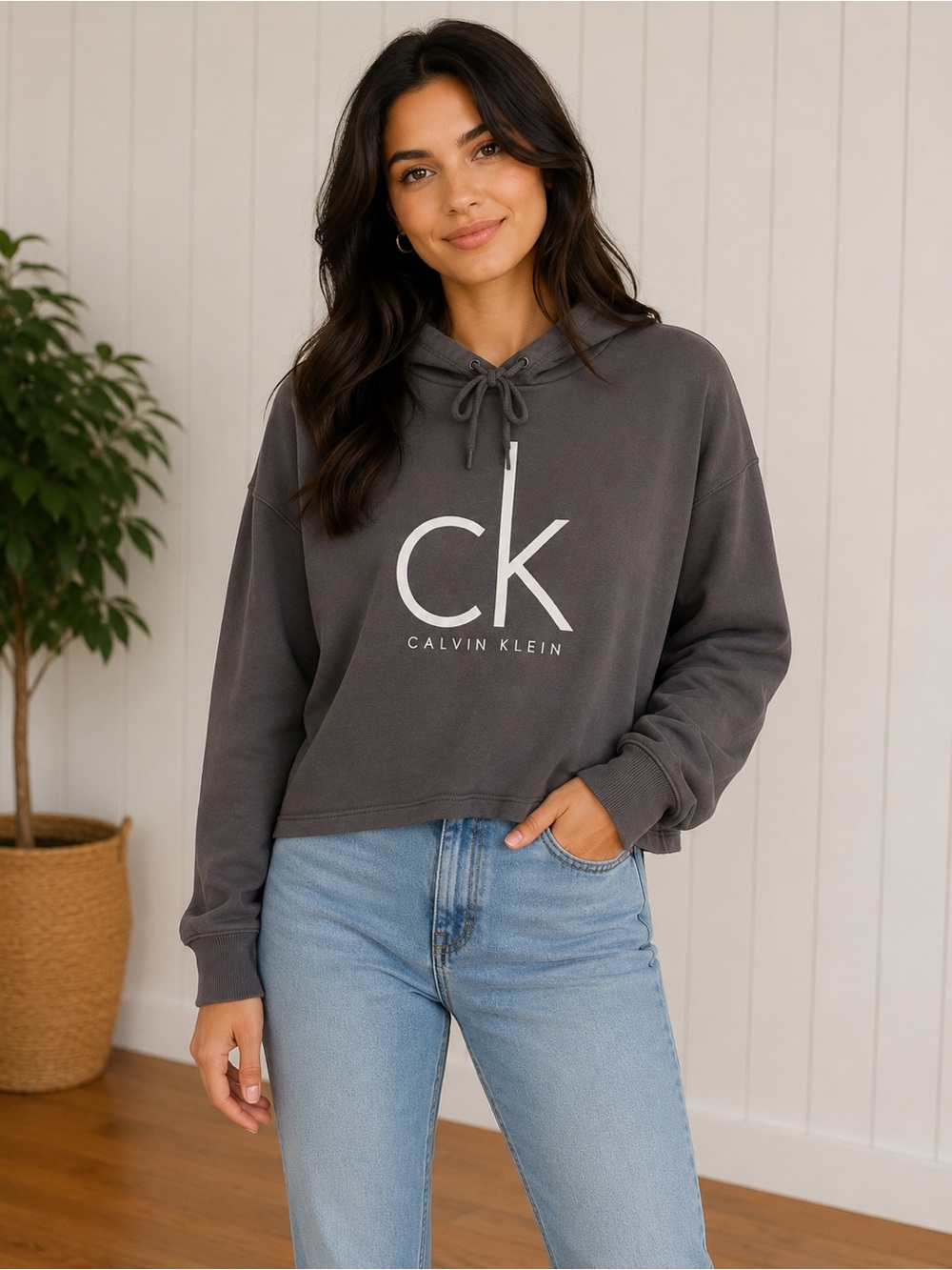 Calvin Klein Jeans Gray Pullover Hoodie with Drawstring